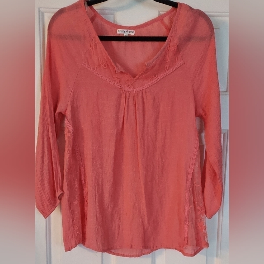 Truly 4 You Women's Coral Long Sleeve Semi Sheer Peasant Style Blouse L.